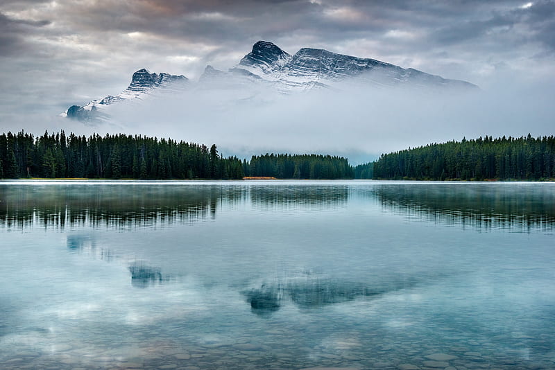mountain, lake, trees, reflection, sky, peak, HD wallpaper