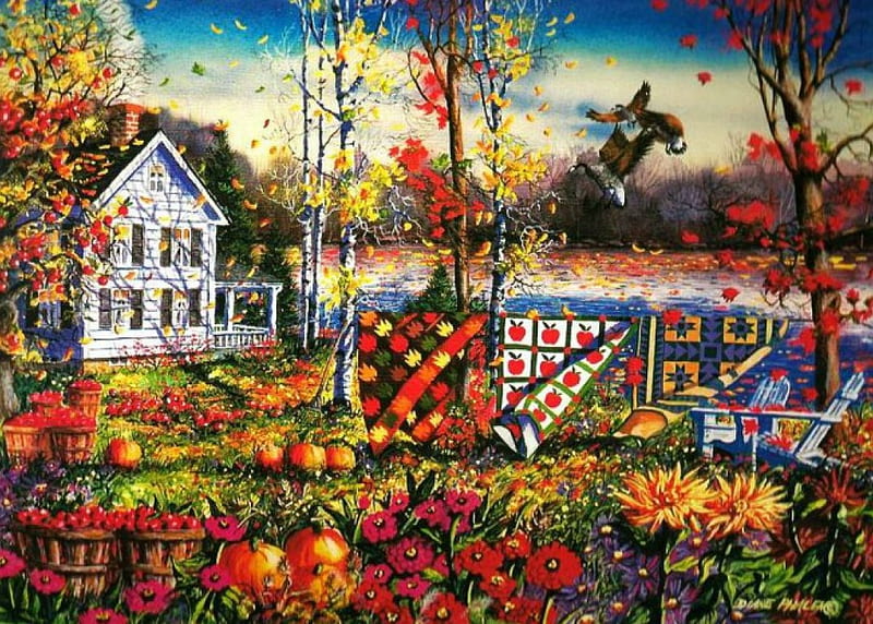 Autumn Glow, fall, house, painting, garden, artwork, pumpkins, HD wallpaper