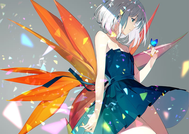 Girl, butterfly, orange, anime, flower, manga, blue, strelitzia, HD wallpaper