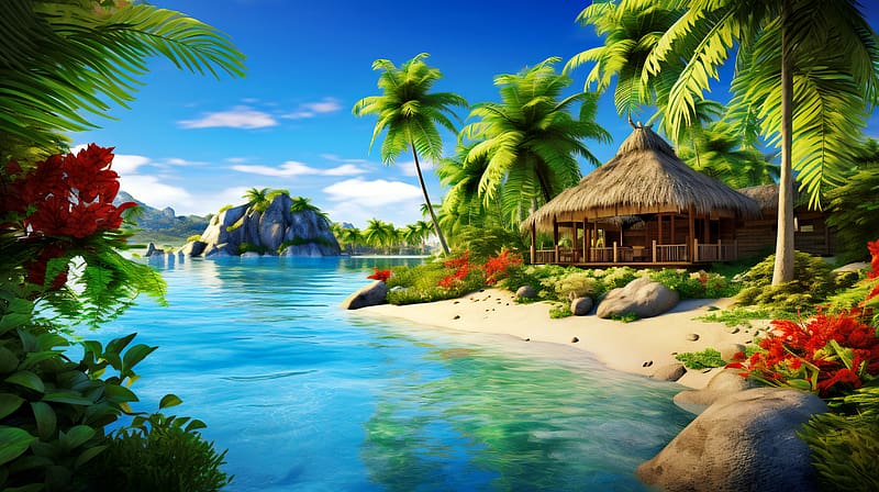 Tropical paradise, sea, palms, bungalow, tropics, exotic, paradise, relax, beach, vacation, wildflowers, summer, rest, breeze, hut, sands, ocean, art, HD wallpaper