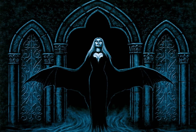 Vampire Woman, fantasy, wings, black dress, doorway, vampire, lady, HD wallpaper