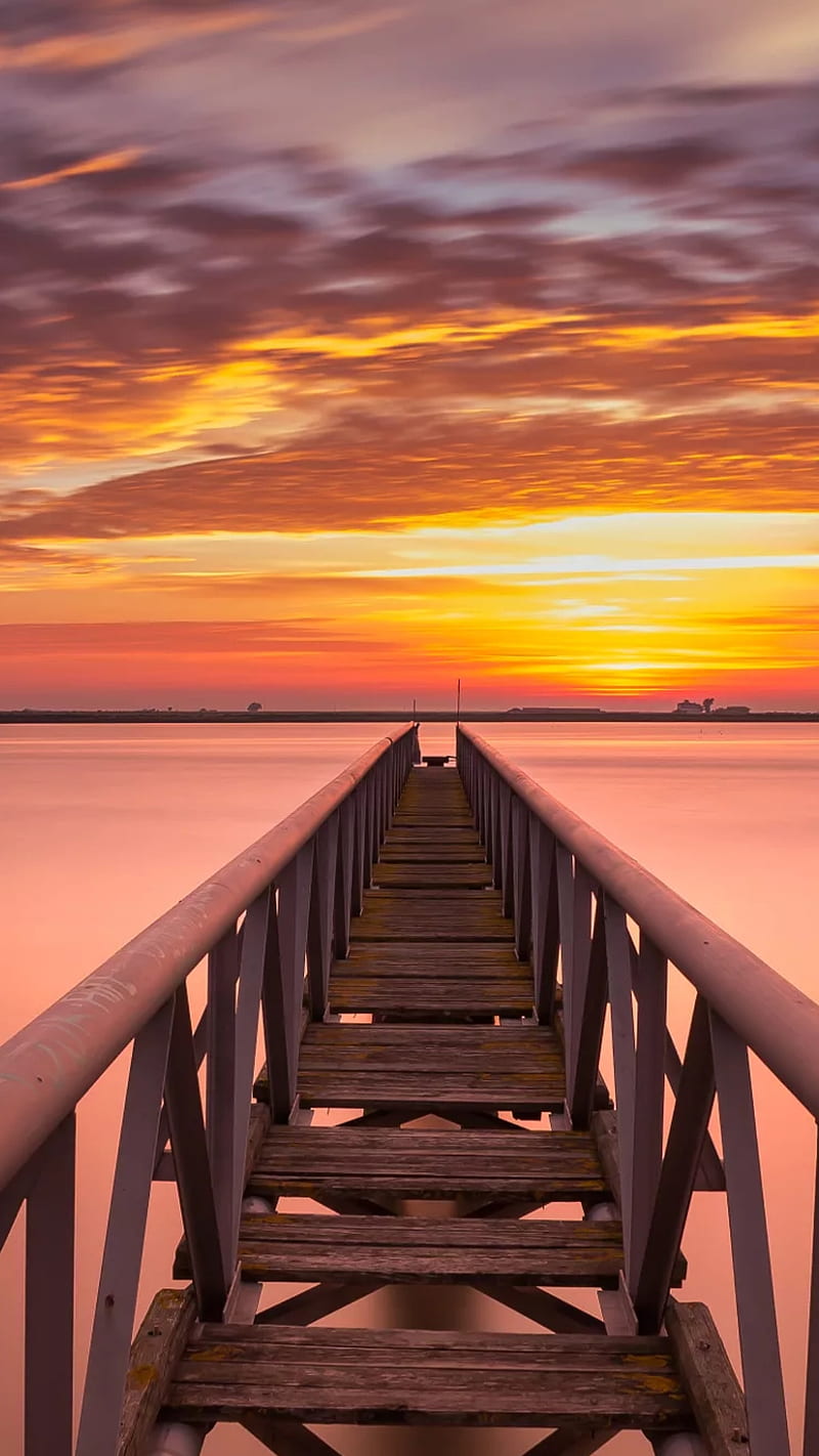 Sunset Bonito Sunshine Wooden Dock Lake Sky Clouds Nature Hd