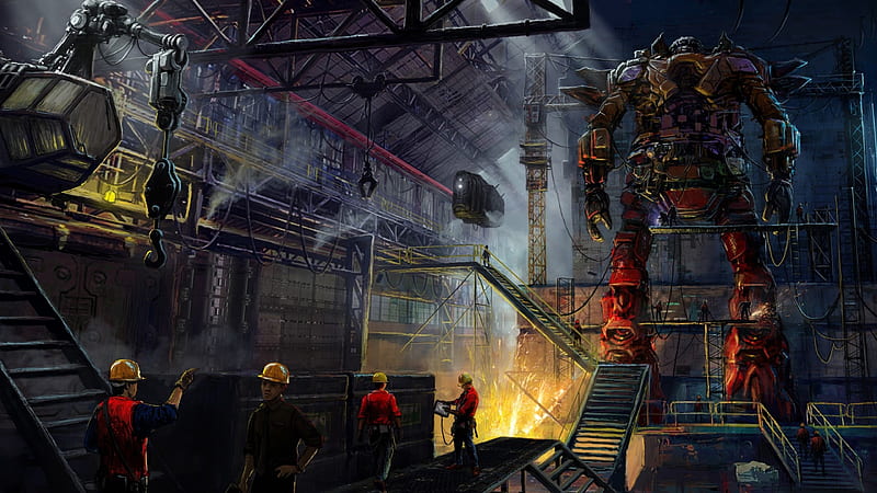 Cyborg Factory, fantasy, graphics, futuristic, robots, illustration, factory, HD wallpaper