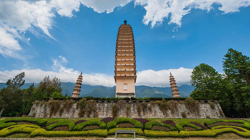 the three towers of dali yunnan china, temple, towers, sky, wall, HD wallpaper