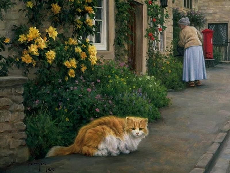 Painting by Robert Duncan, art, painting, flower, nature, robert duncan, cat, kitten, grandmother, HD wallpaper