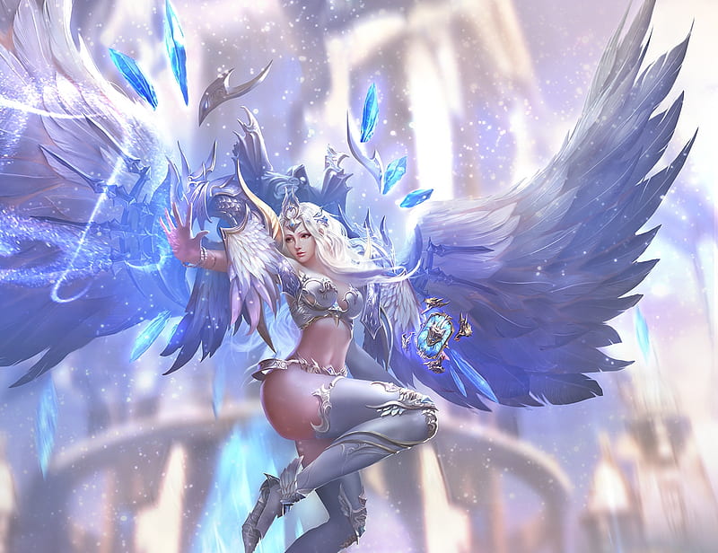 Angel, frumusete, wings, luminos, fantasy, girl, feather, white, lucpinkey l, blue, HD wallpaper