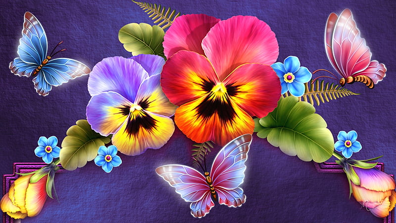 Butterflies and Pansies, colorful, butterflies, spring, floral, leaves, bright, summer, pansies, flowers, Firefox Persona theme, HD wallpaper
