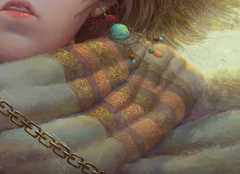 Song of the wind (detail), earring, mu liao, art, fantasy, luminos, scarf, jewel, HD wallpaper
