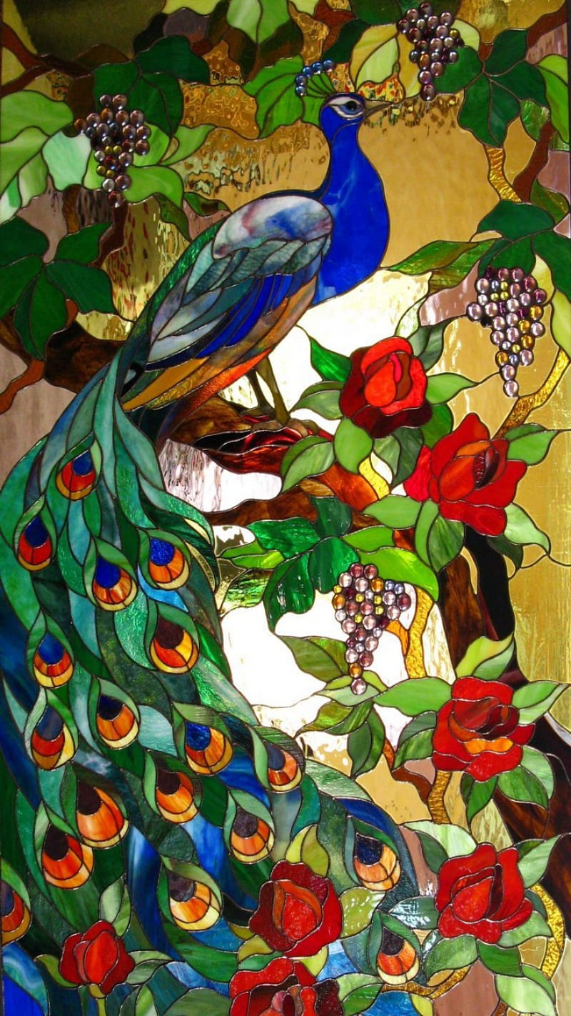 peacock, flowers, stained glass, HD phone wallpaper