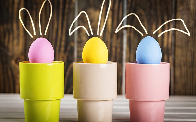 Easter, easter eggs, egg cups, spring, HD wallpaper
