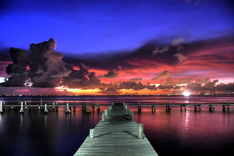 Pier at Sunset, pier, nature, clouds, sky, wooden, sea, landscape, HD wallpaper