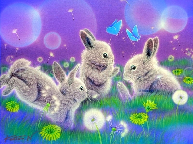 Funny Moments, family, lovely, love four seasons, butterflies, spring, cute, paintings, rabbits, flowers, bunnies, butterfly designs, animals, HD wallpaper