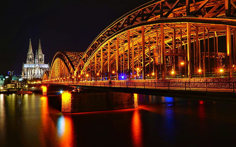 Cologne, Hohenzollern Bridge, Rhine, Cologne Cathedral, evening, Cologne cityscape, landmark, North Rhine-Westphalia, Germany, HD wallpaper