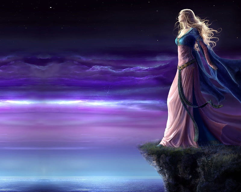 Storm on the Horizon, fantasy, female, water, girl, ocean, cliff, clouds, long hair, HD wallpaper