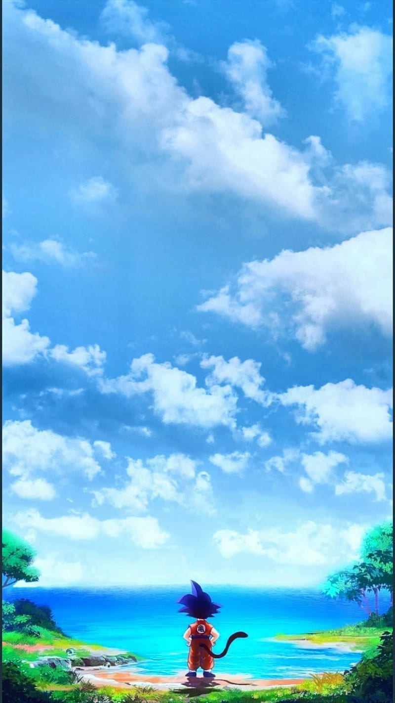 Goku kid in nature, ball, cloud, dragon, sea, sky, sun, HD phone wallpaper