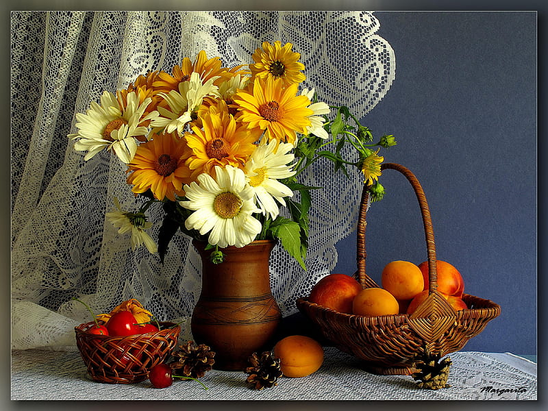 still life, baskets, yellow, vase, bonito, weight, fruit, graphy, apricot, color, flower bouquet, flowers, harmony, arrangements, abstract, basket, peach, white, cherry, HD wallpaper