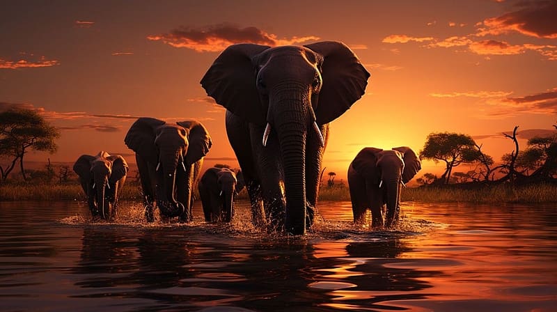 Elephants at sunset, vadvilag, napnyugta, gazdag szinu egbolt ...