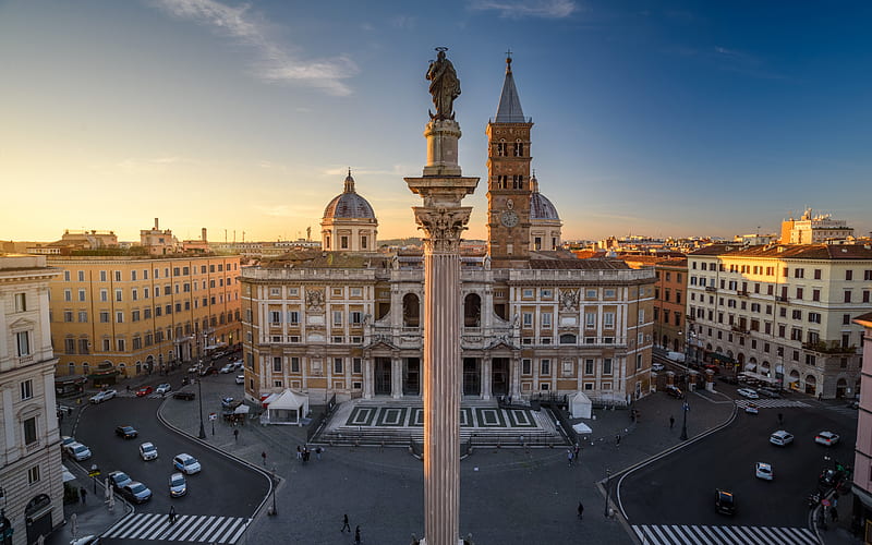 Column of Peace, Rome, Piazza del Esqualino, evening, sunset, rome landmark, Rome cityscape, Basilica di Santa Maria Maggiore, Italy, HD wallpaper
