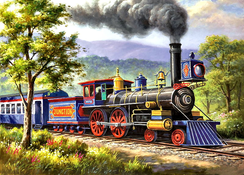 Junction Express - Train C, railroad, art, locomotive, bonito, illustration, artwork, train, engine, painting, wide screen, tracks, landscape, HD wallpaper