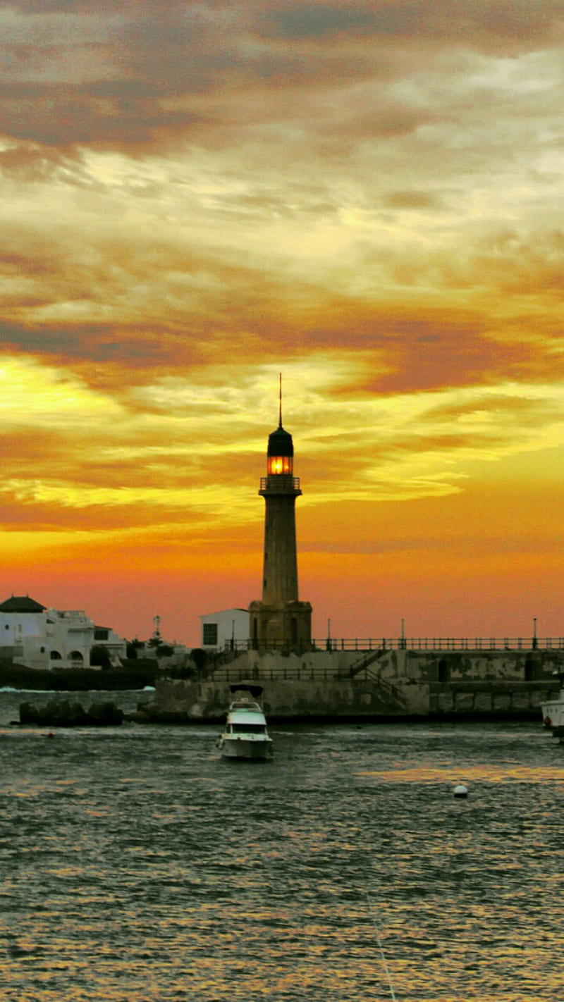 Alexandria, beacon, beauty, colours, egypt, orange, sea, sunset, HD phone wallpaper