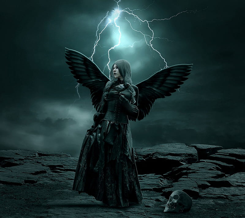 Black Wings, angel, crow, dark, girl, goth, gothic, night, raven, skull, HD wallpaper