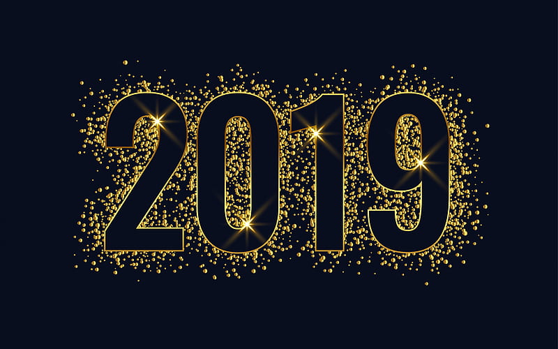 Happy New Year 2019, gold glittering, 2019 gold background, 2019 gold inscription, 2019 concepts, art, HD wallpaper