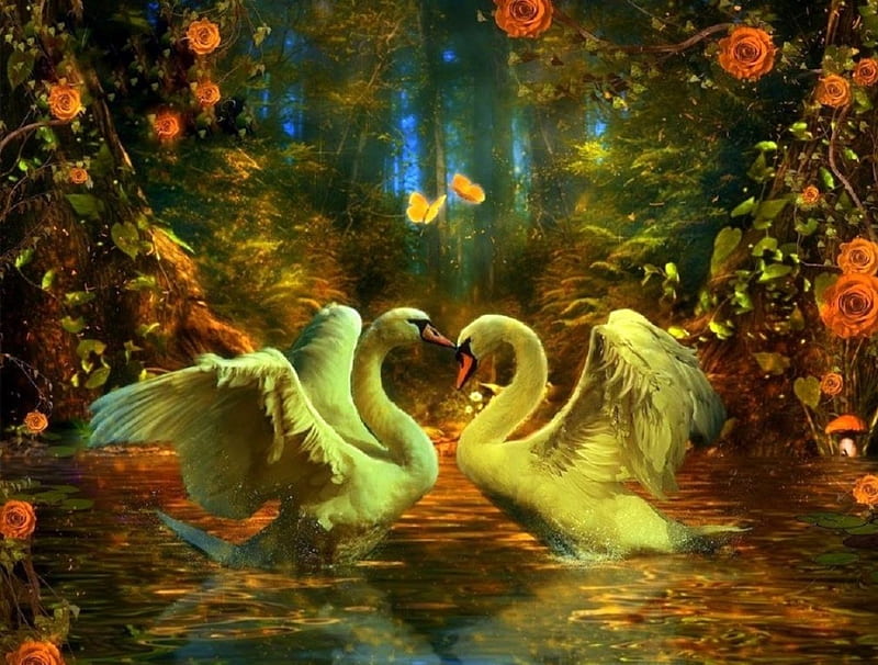 ~Swans of Heaven~, love four seasons, spring, creative pre-made, roses, digital art, swans, fantasy, manipulation, weird things people wear, heaven, butterfly designs, HD wallpaper