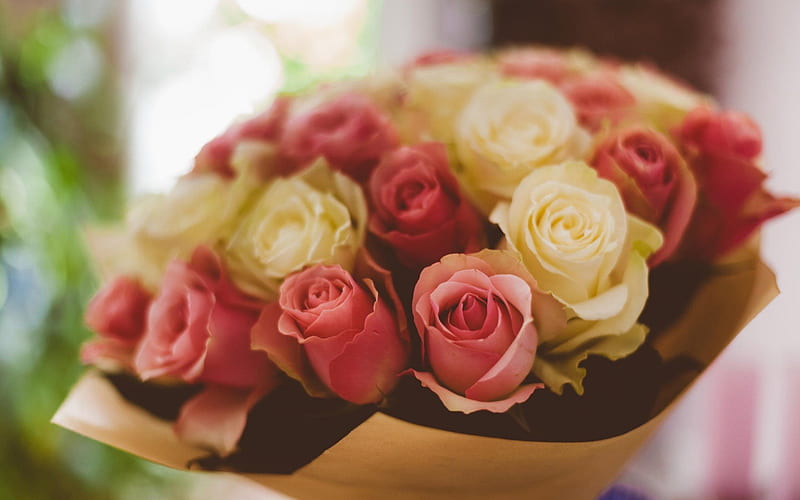 rose, yellow roses, pink roses, a bouquet of roses, bouquet , roses, HD wallpaper