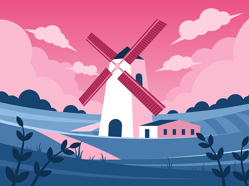 windmill, fields, landscape, art, vector, HD wallpaper