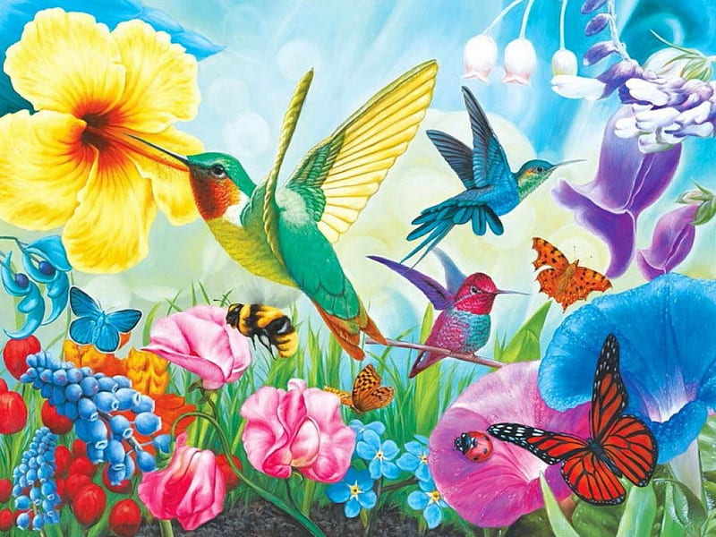Hummingbird garden, pretty, art, lovely, hummingbirs, birds, bonito, butterflies, freshness, summer, flowers, garden, HD wallpaper