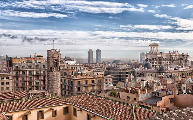 Barcelona, morning, sunrise, Barcelona cityscape, Catalonia, Barcelona panorama, buildings, HD wallpaper