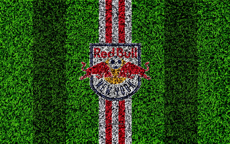 New York Red Bulls MLS, football lawn, logo, american soccer club, blue red lines, grass texture, New York, USA, Major League Soccer, football, HD wallpaper