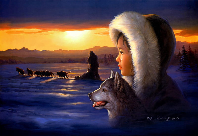 Farewell, sledgedogs, sun, snow, tears, inuit, sky, sledge, HD wallpaper