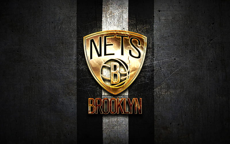 Brooklyn Nets, golden logo, NBA, black metal background, american basketball club, Brooklyn Nets logo, basketball, USA, HD wallpaper