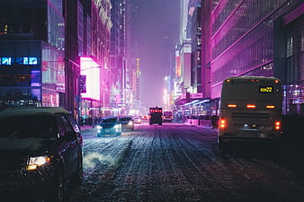 Street, night city, neon, road, carros, HD phone wallpaper | Peakpx