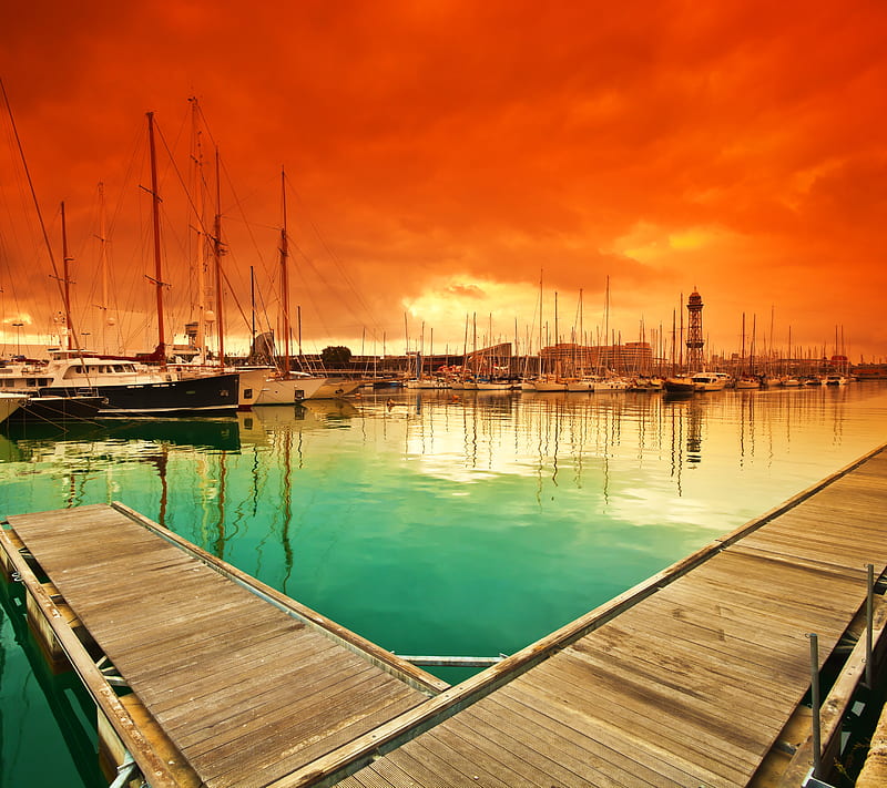 Barcelona, boats, harbour, nature, spain, sunset, HD wallpaper