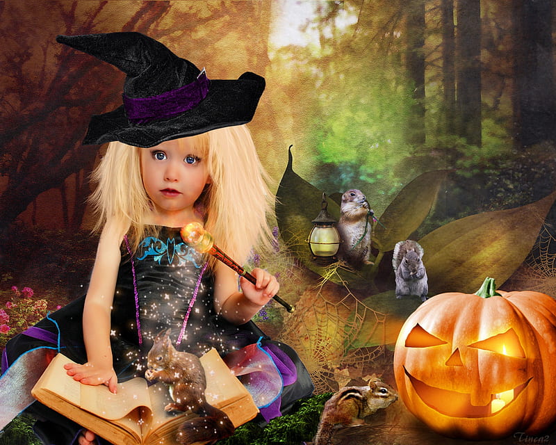 .Sweet Forest Halloween., pretty, fantasy girls, dress, lantern, halloween, squirrels, woods, book, attractions in dreams, bonito, magic, digital art, broom, little witch, hair, fantasy, spooky, manipulation, forests, girls, female, lovely, wand, love four seasons, creative pre-made, butterflies, hat, halloween pumpkins, weird things people wear, pumpkins, HD wallpaper