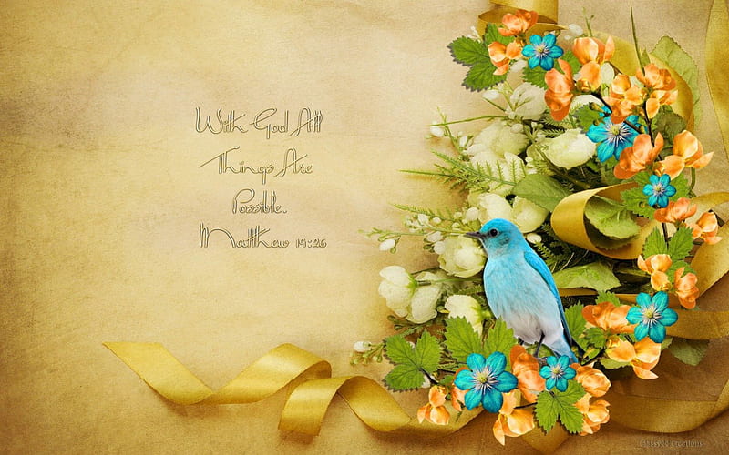 With God all things are possible, pretty, brown, birds, bonito, ribbons, father, jesus, bible verse, flowers, heaven, white, god, blue, scripture, HD wallpaper