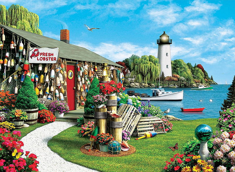 Fresh Lobster, lighthouse, boats, painting, flowers, cabin, artwork, sea, HD wallpaper