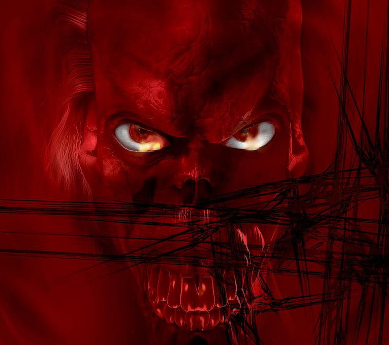 Red Skull Eyes, dark, evil, eyes, fire, horror, look, red, skeleton, skull, HD wallpaper