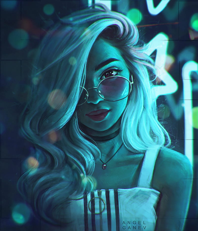 women, blonde, looking at viewer, hair in face, sunglasses, necklace, face, drawing, painting, digital painting, illustration, artwork, digital art, 2D, portrait, Angel Ganev, cyan, turquoise, HD phone wallpaper