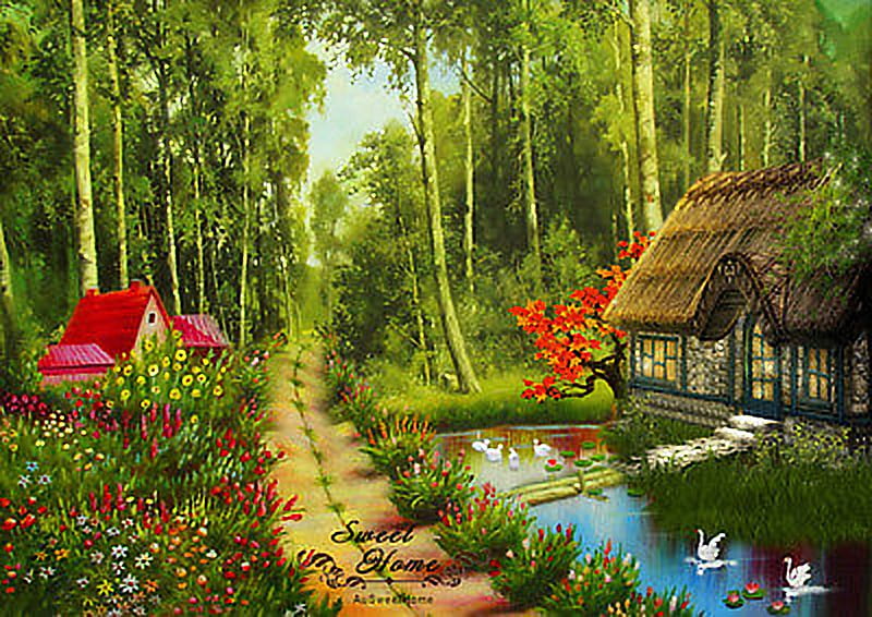 Green forest cottage, Pond, Forest, Ducks, Flowers, Spring, Cottage, HD wallpaper | Peakpx