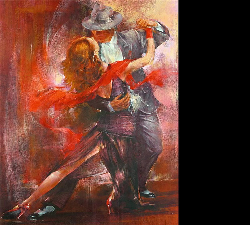 Pedro Alvarez - Tango Argentino, red, suit, art, music, man, woman, hat, pedro alvarez, young, girl, painting, scarf, passion, tango argentino, dance, couple, HD wallpaper