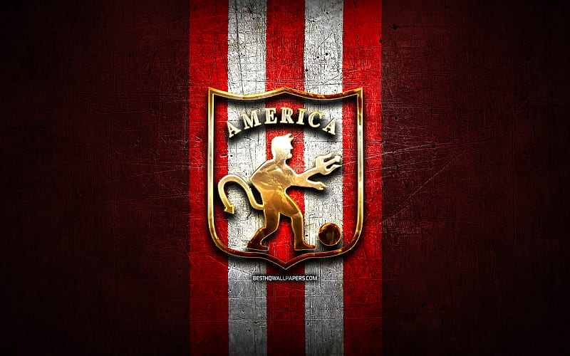 CD Amarica de Cali, golden logo, Categoria Primera A, red metal background, football, colombian football club, CD Amarica de Cali logo, soccer, America de Cali, HD wallpaper