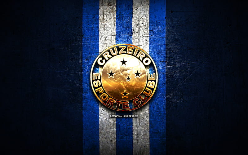 Cruzeiro FC, golden logo, Serie A, blue metal background, football, Cruzeiro EC, brazilian football club, Cruzeiro FC logo, soccer, Brazil, HD wallpaper