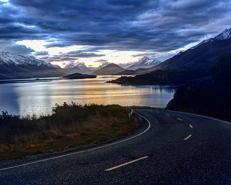 Mountain Road, dark, dawn, landscape, night, river, snow, twilight, winter, HD wallpaper