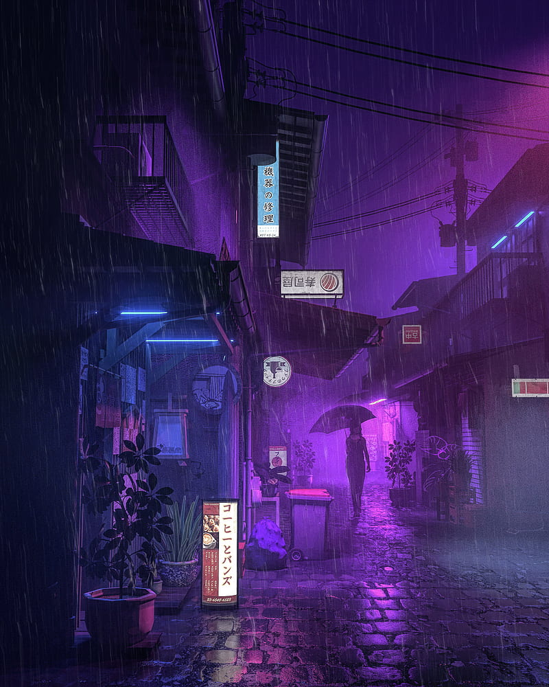 neon, rain, women, umbrella, house, anime, urban, Asia, city, dark, HD phone wallpaper