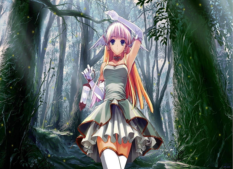 girl in woods, dress, woods, big eyes, thigh highs, bows, pull ups, sweet, green, long hair, lovely, legs, ribbens, trees, cute, girl, uniform, frills, white, two tails, HD wallpaper