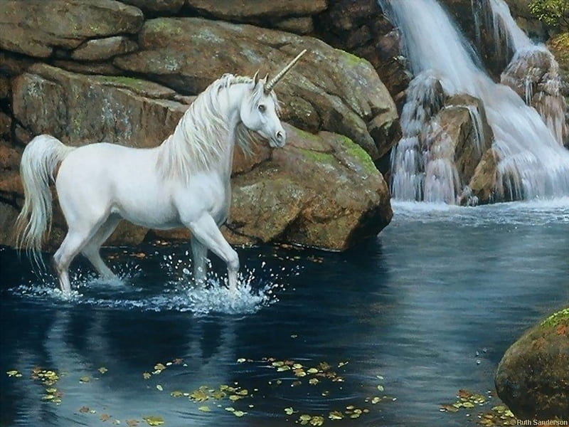 Unicorn in Water, rocks, unicorn, magic, horse, fantasy, water, horn, waterfall, white, HD wallpaper