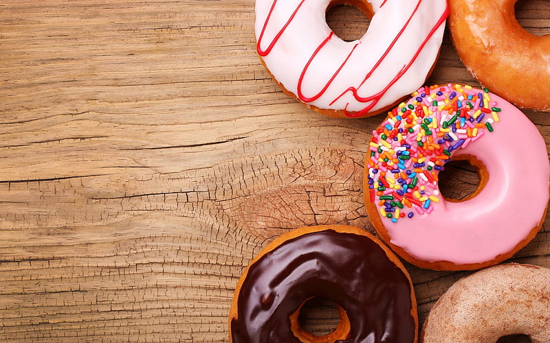 Donuts, donut, food, chocolate, white, pink, wood, dessert, sweet, HD wallpaper